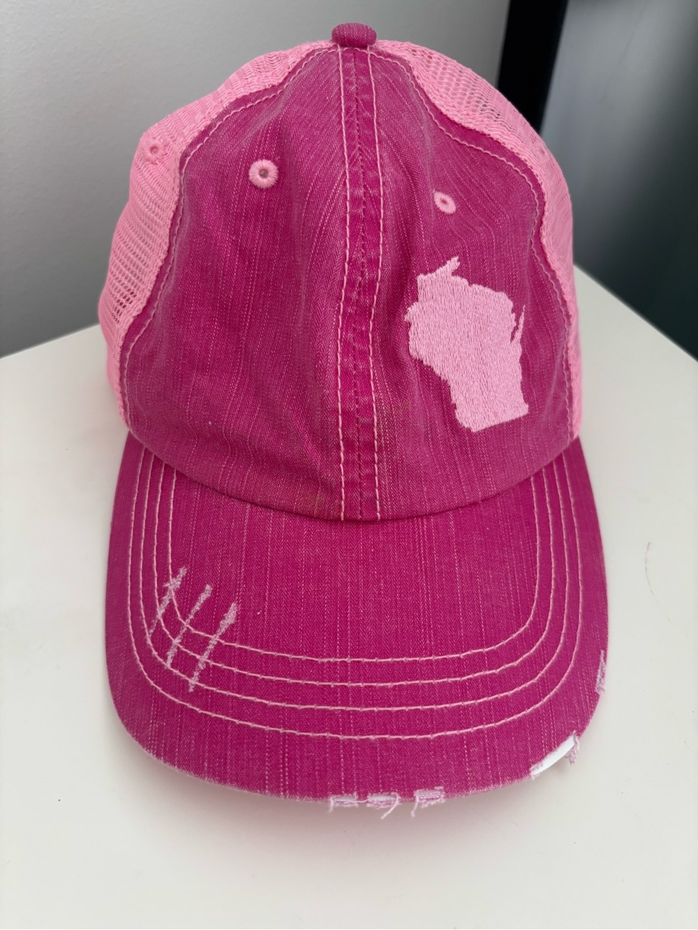 Pink Two-Tone Mesh Baseball Cap with Wisconsin Patch